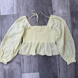 American Eagle Yellow Eyelet Smocked Babydoll Top Small | Puff Sleeve